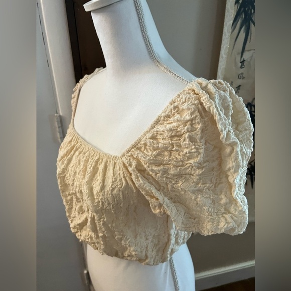 Zara Cotton Blend Gauzy Textured Square Neck Puff Sleeves Crop Top Cream L - Picture 4 of 17